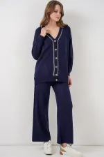 Ensemble deux pièces pour femme, cardigan et pantalon en maille, réf. 15956 - Bleu marine