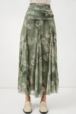 Kadın Desenli Şifon Etek 8057 - E.Yeşil