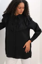 Women's Ruffle Detail Shirt Tunic 5994 - Black Women's Ruffle Detail Shirt Tunic 5994 - Black