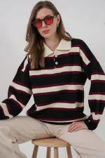 Women's Striped Polo Neck Knitwear Sweater 15952 - Black
