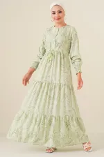 2145 Patterned Hijab Dress - Light Green 2145 Patterned Hijab Dress - Light Green