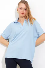 Chemisier en maille bleu oversize à col polo pour femme 0486