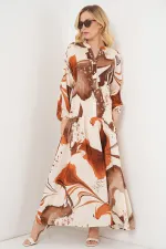 Kadın Desenli Uzun Tesettür Elbise 2585 - Kahverengi