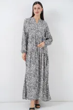 Kadın Desenli Uzun Tesettür Elbise 2585 - Gri