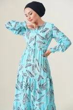 2145 Desenli Tesettür Elbise - Turkuaz