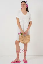 Kadın V Yaka Kısa Kol Elbise 2567 - Beyaz