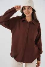 Kadın Tek Cepli Oversize Müslin Gömlek 20353 - Kahverengi