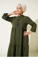 1627 Yaka Bağcıklı Tesettür Elbise - D.Haki