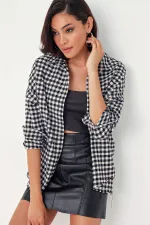 Kadın Ekose Desen Oversize Oduncu Gömlek 3854 - Siyah - Beyaz