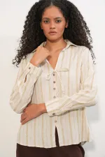 Chemise rayée en lin à lacets pour femme 995 - Écru