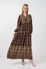 Kadın Desenli Uzun Tesettür Elbise 2585 - Düz Kahverengi