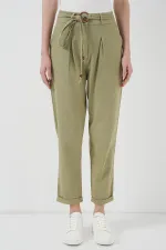 6660 Kemerli Keten Pantolon - Haki