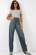 6689 Kadın Yüksek Bel Baggy Kot Pantolon - İndigo