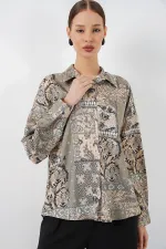 Women's Oversize Patterned Satin Shirt 20365 - Çağla