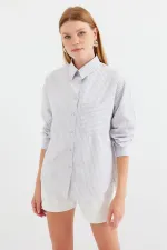 20212 Tek Cepli Çizgili Oversize Gömlek - Bej