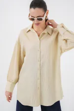 Women's Striped Long Shirt Tunic 5963 - Cream Women's Striped Long Shirt Tunic 5963 - Cream