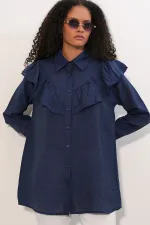 Women's Ruffle Detail Shirt Tunic 5994 - Navy Blue Women's Ruffle Detail Shirt Tunic 5994 - Navy Blue