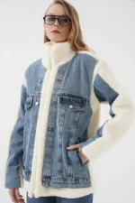 5198 Uzun Peluş Kot Mont - Lacivert