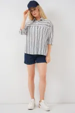 Chemise rayée à manches courtes pour femme 20344 - Bleu marine clair