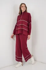 Kadın Çizgili Oversize Triko İkili Takım 15957 - Bordo