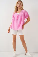 Kadın Önü Bağcıklı Kısa Kol Bluz 962 - Pembe
