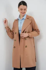 5864 Kruvaze Yaka Kısa Trençkot - Taba