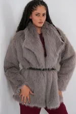 Kadın Kemerli Oversize Kürklü Kaban 9156 - Füme
