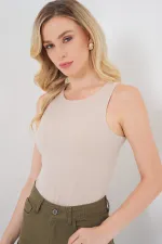 Kadın Halter Yaka Çıtçıtlı Body 972 - Bej