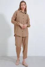 Kadın Camel Oversize Keten Alt Üst Takım 6622