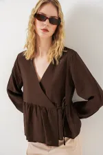 Kadın Yandan Bağlamalı Uzun Kollu Bluz 996 - Kahverengi