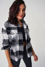 3854 Plaid Pattern Double Pocket Shirt - Black