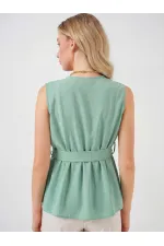 Kadın Kruvaze Yaka Kolsuz Bluz 966 - Çağla