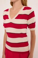 Women's V-Neck Red White Striped Blouse 15869