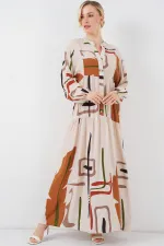 Kadın Desenli Uzun Tesettür Elbise 2585 - A.KREM