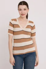 Chemisier rayé crème biscuit à manches courtes pour femme 15869