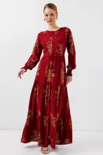 2145 Desenli Tesettür Elbise - B.Kırmızı