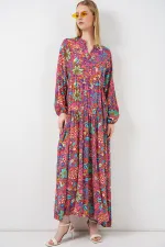 Kadın Desenli Uzun Tesettür Elbise 2585 - Çok Renkli