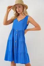 Women's Sleeveless Buttoned Short Dress 2571 - Navy Blue