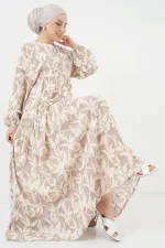 2423 Otantik Desenli Tesettür Elbise - Z.Bej