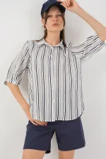 Chemise rayée à manches courtes pour femme 20345 - Bleu marine clair