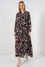 Kadın Desenli Uzun Tesettür Elbise 2585 - Beyaz - Kahve