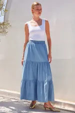 8022 Volanlı Uzun Kot Etek - Mavi