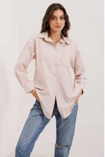 20217 Cep Detaylı Çizgili Oversize Gömlek - Bej