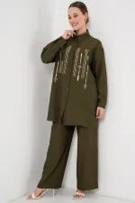 Patterned Tunic Trousers Two Piece Set 6720 - Khaki