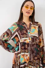 Kadın Desenli Uzun Tesettür Elbise 2585 - D.Kahve