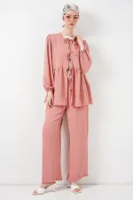 Kadın Önü Bağcıklı Tunik Pantolon İkili Takım 6744 - Pudra