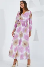 Women's Pink Beige Floral Patterned Chiffon Dress 2134