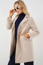 9145 Kadın Kolları Tüylü Balık Sırtı Kaşe Kaban - Krem