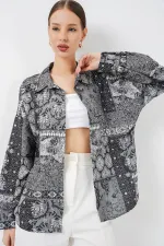 Women's Oversize Patterned Satin Shirt 20365 - Anthracite