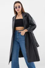 1034 Belted Faux Leather Trench Coat - Black